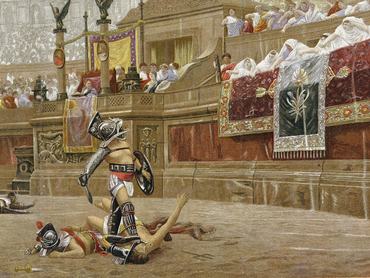 Gladiátorok a római arénában: a nézők „lefelé mutató hüvelykujjal” jelzik a győztesnek, hogy ne kímélje ellenfelét. J. L. Gerome festménye alapján készült kromolitográfia