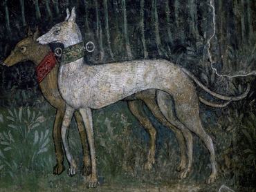 ITALY - CIRCA 2003: Pair of greyhounds, fresco, Villa Borromeo hunting lodge, Oreno, Vimercate, Lombardy. Detail. Italy, 15th century. (Photo by DeAgostini/Getty Images)