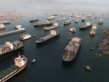 Cargo vessels congestion blocking maritime traffic in the Strait of Hormuz, tankers and container cargo ships clustered in aerial 3D illustration render. Strategic maritime chokepoint linking the Persian Gulf and Gulf of Oman. Global trade dependency, export logistics, freight transport, supply chain vulnerability, geopolitical tension 3D
