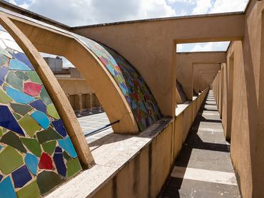 Gibellina New City, Trapani, Italy - September 20, 2015. colorful mosaics portico detail of the Square System a large urban structure designed by Thermes-Purini, Trapani, Sicily