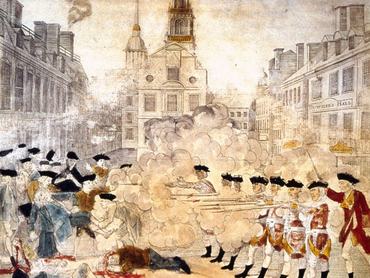 The Boston massacre in which British troops opened fire on a crowd, killing five people and inflaming American opinion. Original Artwork: Picture by Paul Revere (1735 - 1818). (Photo by MPI/Getty Images)