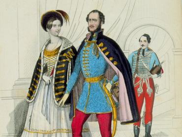 Metszet Széchenyi István és Seilern Crescence esküvőjéről. Széchenyi piros nadrágban, kék felsőruházatban, felesége aranyszegéllyel ellátott fehér ruhában látható