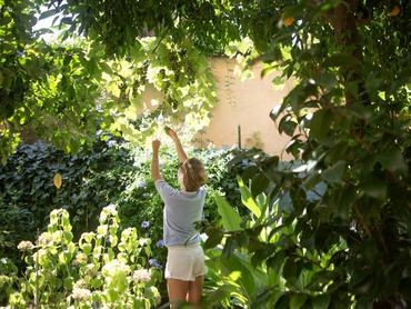 Egy nő kerti munkát végez.