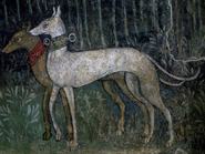 ITALY - CIRCA 2003: Pair of greyhounds, fresco, Villa Borromeo hunting lodge, Oreno, Vimercate, Lombardy. Detail. Italy, 15th century. (Photo by DeAgostini/Getty Images)