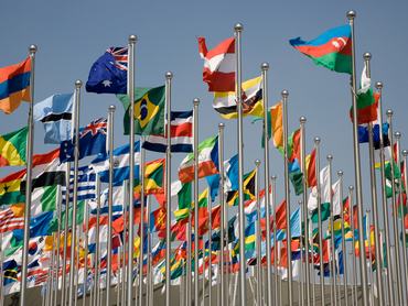 A 2020-as Sanghaji Expo összes részt vevő országának zászlói láthatók a helyszín bejáratánál.