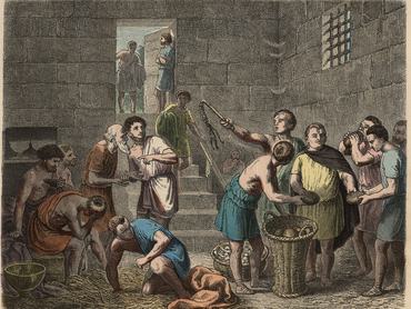 Ókori Róma: az esti élelmiszerosztás a rabszolgáknak – Heinrich Leutemann (1824–1905) színes metszete