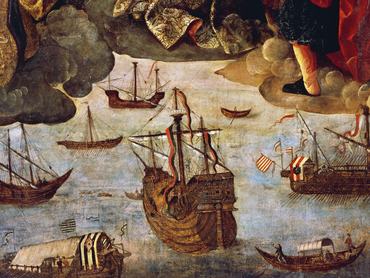 Karavellák és csónakok, részlet a „Tengeri utazók Szűz Mária-oltárképének” középső táblájáról, 1535–1536, Alejo Fernández festménye